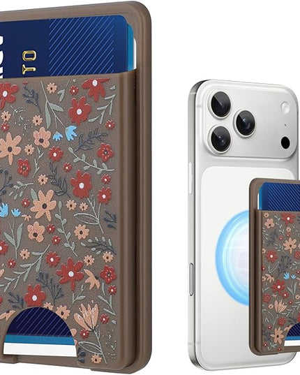 Stronger Magnetic Card Slot Wallet for iPhone 17/16/15/14/13/12 Series (Not for 13/12 Mini), Floral Pattern Hard Card Holder Fit 3 Cards Compatible with Magsafe Accessories, Brown