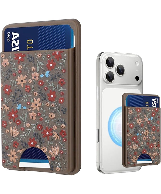 Stronger Magnetic Card Slot Wallet for iPhone 17/16/15/14/13/12 Series (Not for 13/12 Mini), Floral Pattern Hard Card Holder Fit 3 Cards Compatible with Magsafe Accessories, Brown