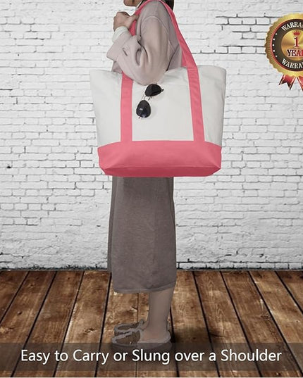 TOPDesign 6-Pack Canvas Tote Bags with an External Pocket, Reusable Grocery Shopping Bags, Top Zipper Closure, Daily Essentials (Rose Pink/Natural)