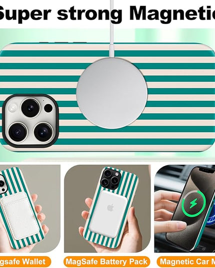 Magnetic for iPhone 13 Pro Max Case Cute Stripes Phone Case, Shockproof Slim TPU and Hard PC Protective Phone Cover Compatible with MagSafe Designed for Women Girls, Emerald Green