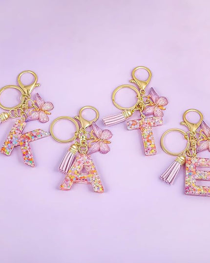 Fashion Alphabet Initial Letter Keychain Tassel Butterfly Pendant Key Ring for Purse Handbags Women Girl