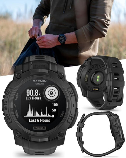 Wearable4U Garmin Instinct 3 Tactical Edition, Solar Charging Display, 45mm, Rugged Outdoor GPS Smartwatch, Applied Ballistics Support, LED Flashlight, Multi-Band GPS White Earbuds Bundle