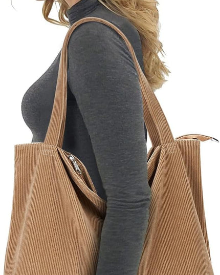 KALIDI Women Corduroy Tote Bag Zipper Casual Tote's Handbag Big Capacity Shoulder Bag with Pockets