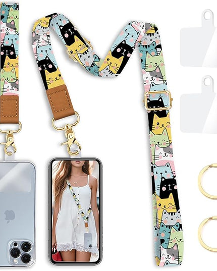 Phone Lanyard Crossbody Strap, Cute Cat Cell Phone Lanyards for around the Neck Wristlet Wrist Strap Adjustable for Keys Case ID Badges Accessories Travel Essentials