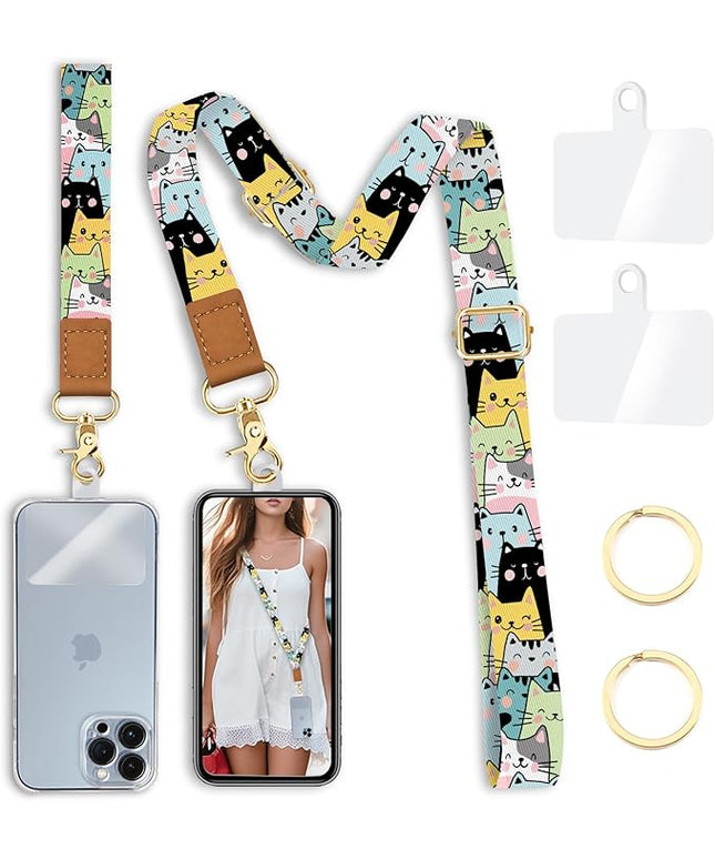 Phone Lanyard Crossbody Strap, Cute Cat Cell Phone Lanyards for around the Neck Wristlet Wrist Strap Adjustable for Keys Case ID Badges Accessories Travel Essentials
