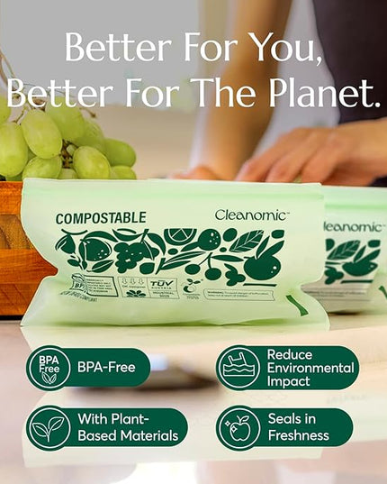 Cleanomic Compostable* Snack Size Food Storage Bags (50 Eco Zip) Freezer and Leak Proof, Also Available Gallon, Quart and Sandwich Size Bags