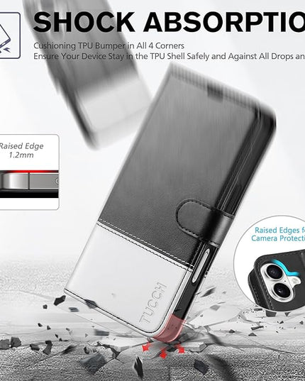 TUCCH Wallet Case for iPhone 16, Kickstand [RFID Blocking] [4 Card Slots] TPU Interior Protective Case, Magnetic Folio Shockproof PU Leather Flip Cover Compatible with iPhone 16 5G, Black & White