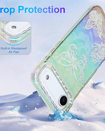 Cute Case for iPhone Air Case for Women Girls, with 3D Butterflies Pattern Design, Aesthetic Clear Iridescent Glitter Kawaii Girly Rainbow Protective Phone Cover