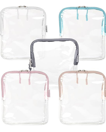 BORSALI TSA Approved Toiletry Bag - Clear Quart Size for 3-1-1 Carry On Travel - Makeup Organizer Cosmetic Pouch with Zipper - Travel Accessories - 5 Pack Colors
