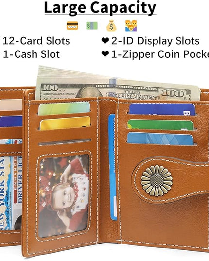 SENDEFN Small Womens Wallet Leather Bifold Card Holder RFID Blocking with Zipper Coin Pocket