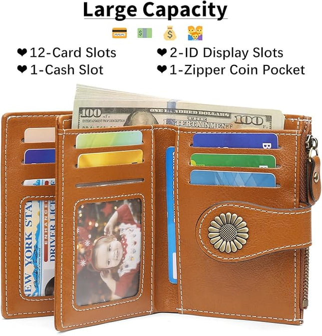 SENDEFN Small Womens Wallet Leather Bifold Card Holder RFID Blocking with Zipper Coin Pocket