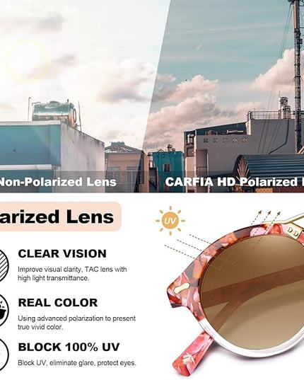 CARFIA Small Face Acetate Polarized Sunglasses for Women UV Protection, Retro Double Bridge Eyewears Metal Brow Round Sunnies