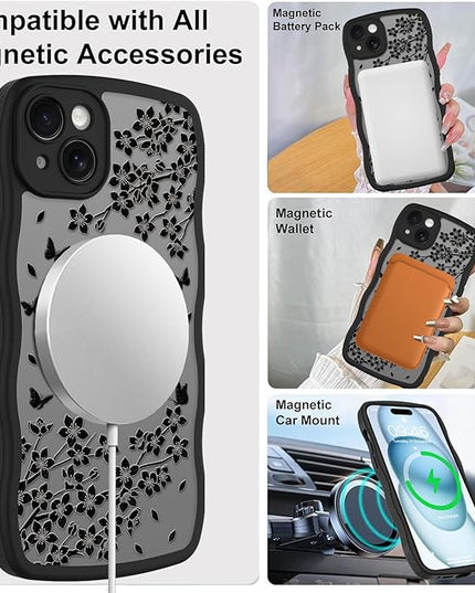 Wavy Case for iPhone 15 Plus Case with Stand [Compatible with MagSafe] Cute Black Cat & Floral & Butterflies Pattern Design, Kawaii 360 Magnetic Ring Kickstand Phone Cover for Women Girls