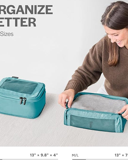 Aerotrunk Compression Packing Cubes for Travel - Luggage Organizer Bags - Double Zipper Packing Cubes for Suitcases (2-Pack, Teal)