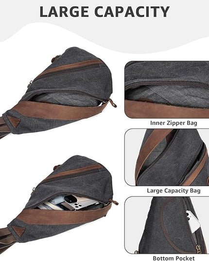 KL928 Canvas Sling Bag for Men Women, Genuine Leather Design Shoulder Crossbody Bags Backpacks Travel Daypack with Earphone Hole Rucksack, Black