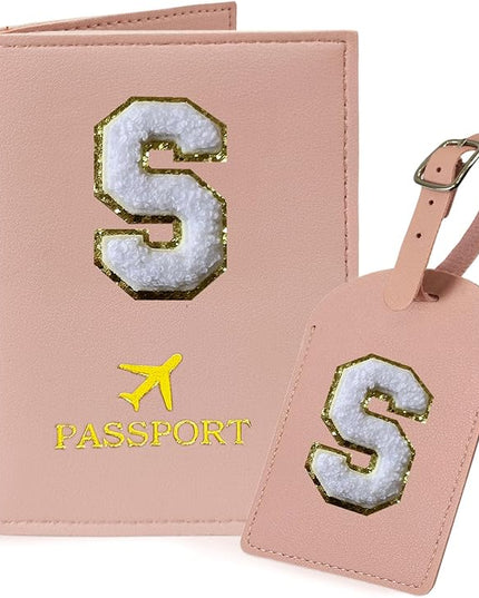 COSHAYSOO Passport Cover Holder and Luggage Tag Set with Initial Chenille Letter Patch A-Z for Women Teenage Girls, Vaccine Card Slot Travel Bag Suitcase Identifier Pink S