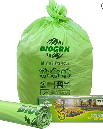 50-55 Gallon Compostable Trash Bags Flat-Top 12 Bags Heavy Duty 1.57 Mil 208.2 Liter Large Lawn and Yard Waste Bag Compost for Outdoor Garden ASTM D6400, US BPI and OK Compost Home Certified
