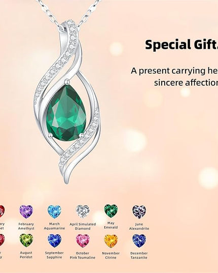 Birthstone Necklace gift for Women S925 Sterling Silver Teardrop with Cubic Zirconia- Birthday Jewelry gift for her, Girlfriend, Wife, Mom on Birthday, Anniversary