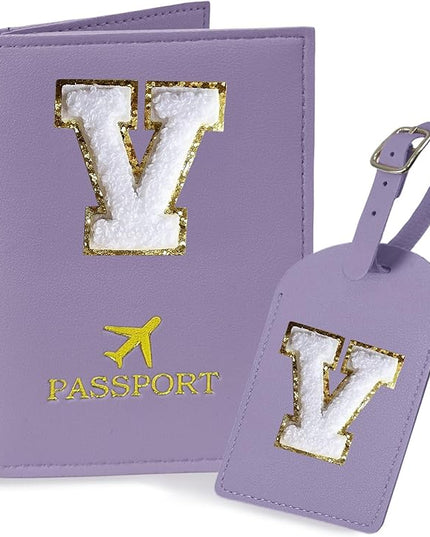 COSHAYSOO Purple Passport Cover and Initial Luggage Tag Set for Women Passport Holder International European Travel Must Have Accessories Letter V
