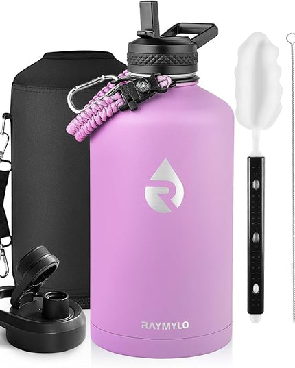 One Gallon Water Bottle Insulated, Triple Walled Vacuum Stainless Steel (Cold for 48 Hrs), Leak Proof & Non-BPA, Large Water Flask Jug with Paracord Handle & Straw Spout Lids