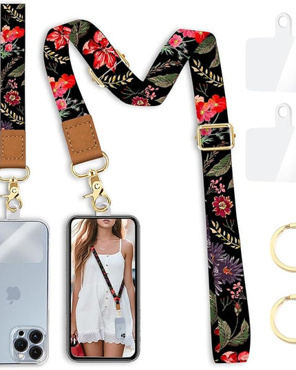 Cell Phone Lanyard Crossbody with Wrist Strap, Flower Lanyards for Around The Neck Wristlet Adjustable Phone Strap Floral for Keys Case ID Badges Accessories