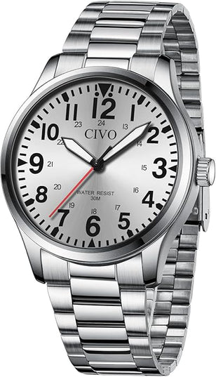 CIVO Analog Wrist Watches for Men: Waterproof Stainless Steel Mens Watches - Silver Watch with Easy Read Dial Men's Watch for Gift
