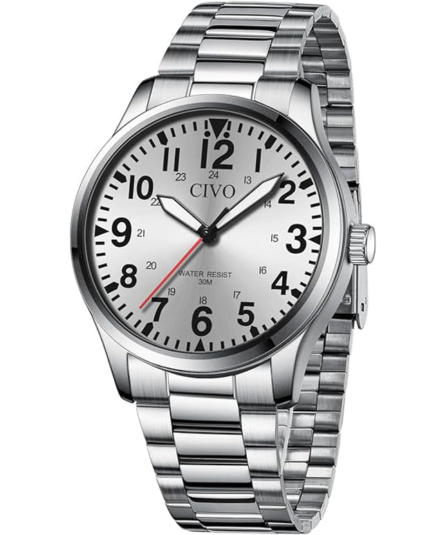 CIVO Analog Wrist Watches for Men: Waterproof Stainless Steel Mens Watches - Silver Watch with Easy Read Dial Men's Watch for Gift