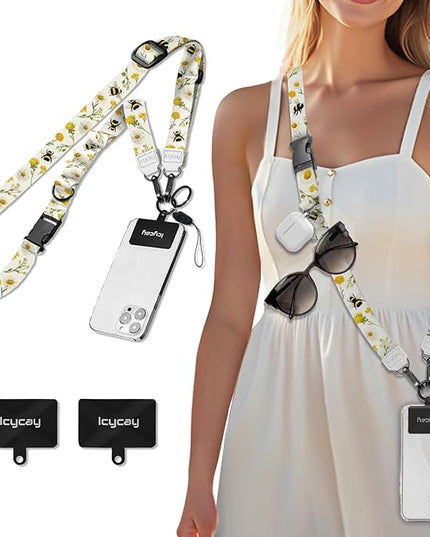 Phone Lanyard Crossbody, Floral Bee Cell Phone Strap for Around The Neck Adjustable, Flower Teacher Anti Theft Cute Lanyard for iPhone Case ID Holder Keys Accessories Travel Essential
