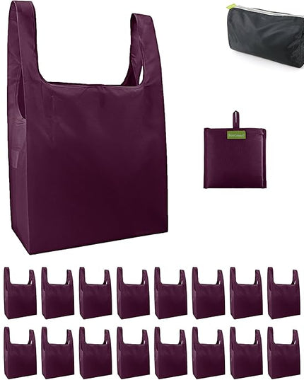 BeeGreen Burgundy Reusable Shopping Bags Wholesale Wine Red Reusable Grocery Bags Bulk Foldable-Machine Washable with Zipper Storage Pouch 20 Pieces