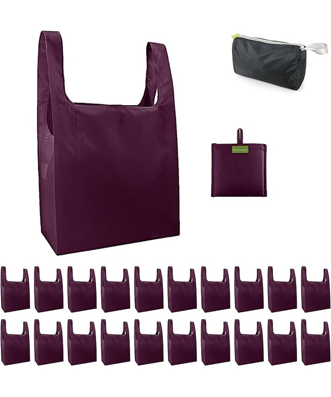 BeeGreen Burgundy Reusable Shopping Bags Wholesale Wine Red Reusable Grocery Bags Bulk Foldable-Machine Washable with Zipper Storage Pouch 20 Pieces