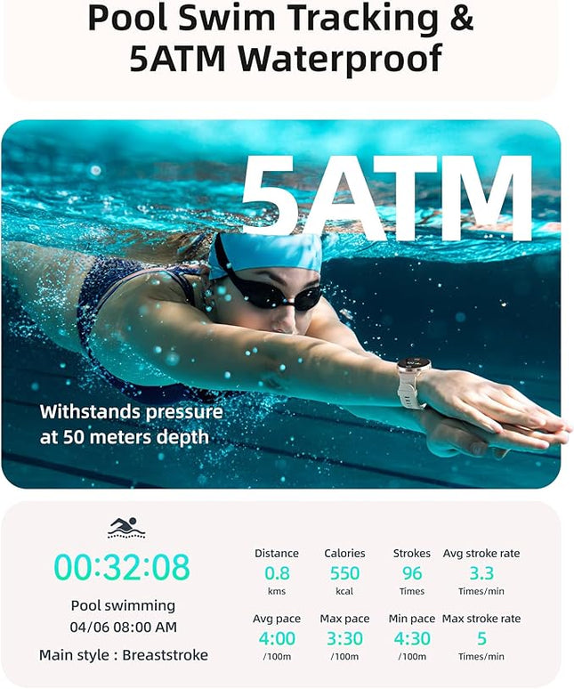 Parsonver Smart Watch for Swimming, 5ATM Waterproof Watch for Pool & Open Water, AI Swim Analysis, Built-in GPS & Compass, AMOLED Fitness Tracker 100+ Sport Mode, Heart Rate Sleep Monitor, French Grey