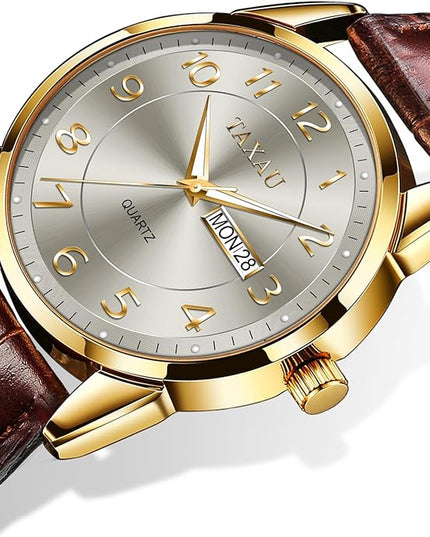 Mens Leather Watch Large Face Classic Quartz Mens Analog Watches Luxury Dress Watches for Men Waterproof Men's Wrist Watch Easy Read with Date Number Dial Relojes para Hombre