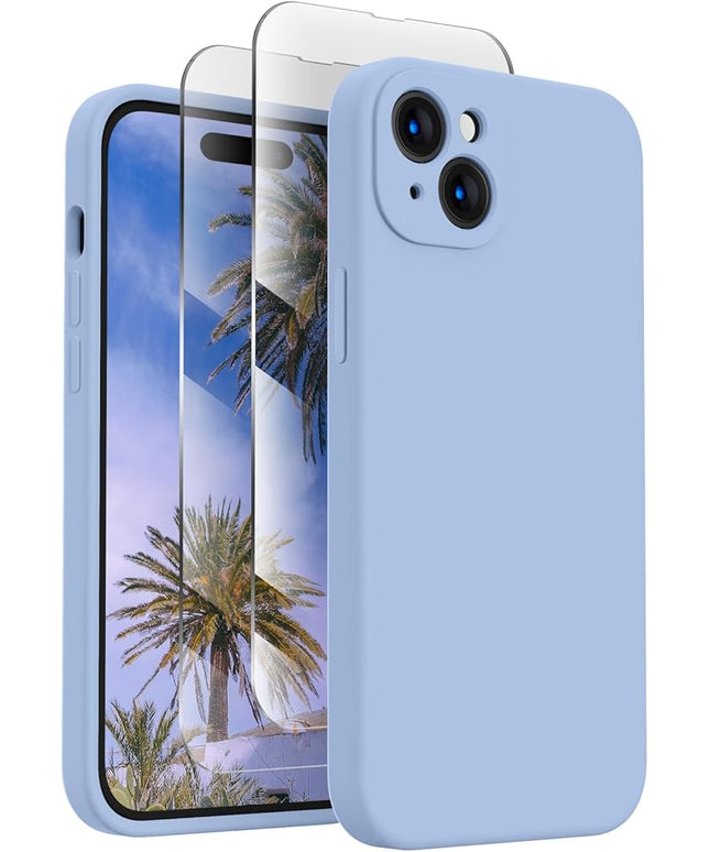 FireNova Designed for iPhone 15 Case, Silicone Upgraded [Camera Protection] Phone Case with [2 Screen Protectors], Soft Anti-Scratch Microfiber Lining Inside, 6.1 inch, Light Blue