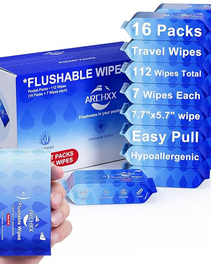 Travel Flushable Wipes for Adults & Kids, 112 Count (16 Packs of 7), Value Pack, Unscented & Hypoallergenic, Travel Essentials, Mini Wet Wipes with Aloe Vera, 99% Water, for Sensitive Skin