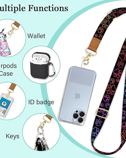 Phone Lanyard Crossbody Wrist Strap, Cute Cat Dog Paw Cell Phone Lanyards for Around the Neck Wristlet Shoulder, Adjustable Strap for Car Keys Keychain Wallet ID Badge Black