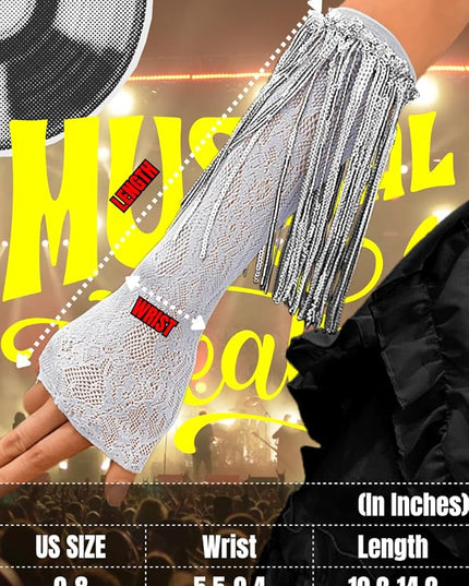 Sequin Fringe Gloves,Fingerless Lace Arm Sleeves For Women,Sparkly Rave Party Costume Fits US 0-8
