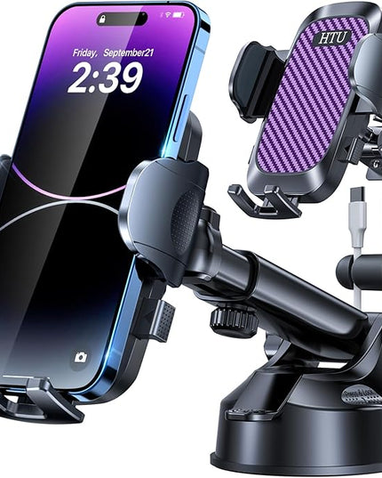 HTU 2026 Ultimate Best【True Military-Grade & Safety Cert】Car Phone Holder【Upgraded 360 Rotation & 100+LBS Strongest Suction】5-in-1 Truck Windshield Dashboard Vent Mount Stand for iPhone Android,Purple