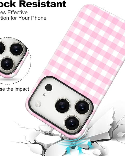 Magnetic for iPhone 17 Pro Max Case Cute Checkered Stripes Phone Case for Women Girls, Shockproof Slim TPU and Hard PC Protective Phone Cover Compatible with MagSafe Designed, Pink