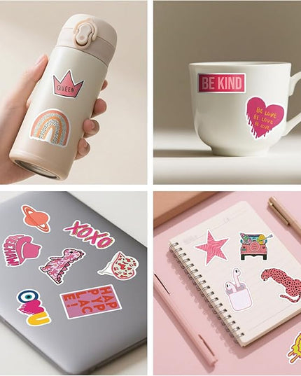 100 Pcs Preppy Stickers Vinyl Pink Aesthetic Waterproof Sticker Decor Party Supplies Suitable for Laptop Mobile Phone Computer Skateboard Water Bottle Suitcase Car