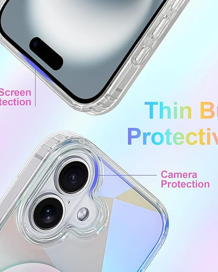 Cute Case for iPhone 16 Plus Case for Women Girls [ Compatible with Magsafe ] Clear Glitter Girly Aesthetic Rainbow Sparkly Bling Magnetic Phone Cover, Iridescent Geometry