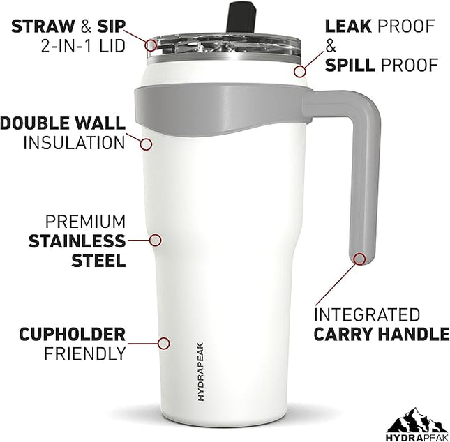 Hydrapeak Roadster 40oz Stainless Steel Tumbler Double Wall Vacuum Insulated Water Bottle With Handle And 2 in 1 Straw Lid (White)