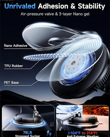 ANDERY Only for iPhone Magsafe Car Mount Charger [15W Fast Wireless Charging, 78+LBS Strong Suction, 2400gf Strong Magnetic] 360° Adjustable Car Phone Holder, Phone Holders for Your Car, Carbon Fiber