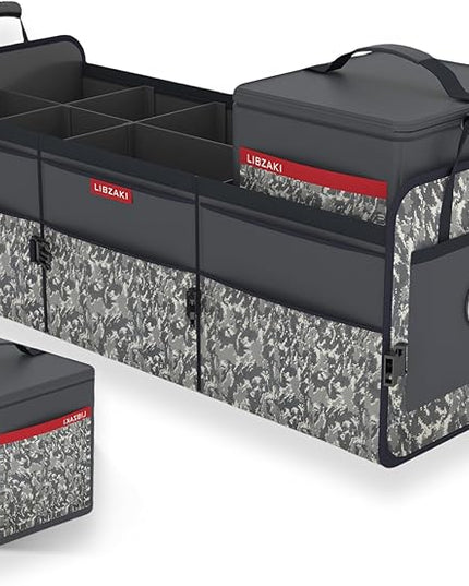 LIBZAKI Car Trunk Organizer,3 Compartments Big Trunk Storage, Large Capacity, Foldable, 95L Heavy Duty Storage Box for Car, SUV, Truck,Jeep, Includes 26L Cooler Bag-Black Camouflage