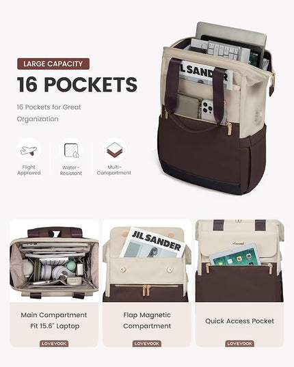 LOVEVOOK Laptop Backpack for Women, 15.6 Inch Work Laptop Bag with USB Port, Fashion Teacher Nurse Backpack Purse, Waterproof Travel Computer Backpack with Organizer Bag, 2PCS, Apricot-Coffee