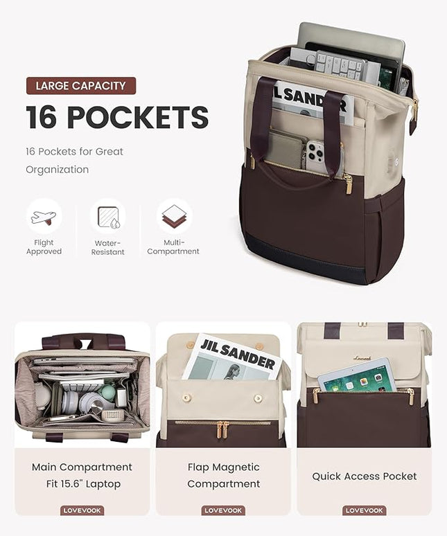 LOVEVOOK Laptop Backpack for Women, 15.6 Inch Work Laptop Bag with USB Port, Fashion Teacher Nurse Backpack Purse, Waterproof Travel Computer Backpack with Organizer Bag, 2PCS, Apricot-Coffee