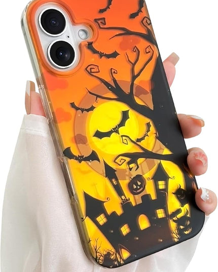 Halloween Case for iPhone 17 Case [ Compatible with Magsafe ] Holographic Orange Sky with Black Castle, Bats, Ghosts and Pumpkins Pattern Design, Creative Magnetic Protective Phone Cover