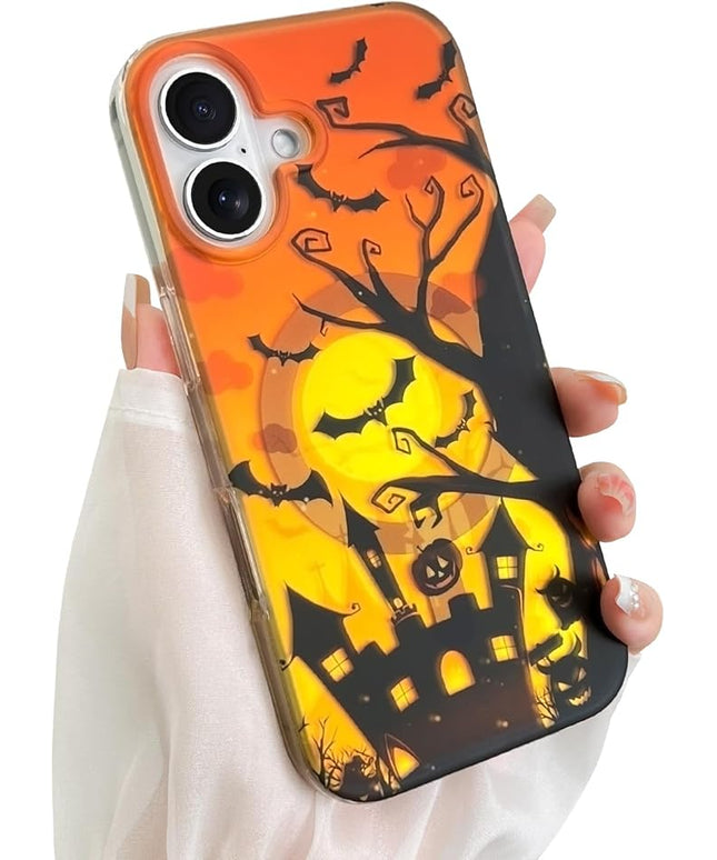 Halloween Case for iPhone 16 Plus Case [ Compatible with Magsafe ] Holographic Orange Sky with Black Castle, Bats, Ghosts and Pumpkins Pattern Design, Creative Magnetic Protective Phone Cover