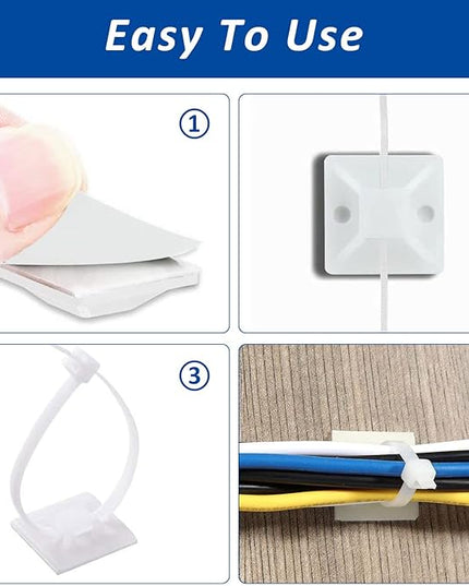 Strong Back-Glue Self Adhesive Cable Zip Tie Mounts Kit - 50 Set Cable Management Clips with 6" Zip Ties, Wire Holders - Outdoor Sticky Wire Organizer Clips-White