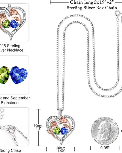 Iefil Christmas Gifts for Women Wife - 925 Sterling Silver Rose Heart Birthstone Necklace Birthday Anniversary Jewelry Gifts for Her Wife Mom Daughter