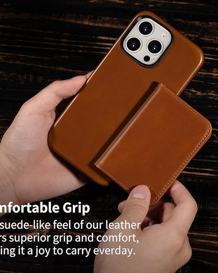 Belemay Minimalist Bifold Magnetic Wallet Compatible with MagSafe, Slim Card Holder for 4 Cards, Vegetable-Tanned Leather, Compatible with iPhone 17/16/15/14/13/12 Series and MagSafe Cases, Brown